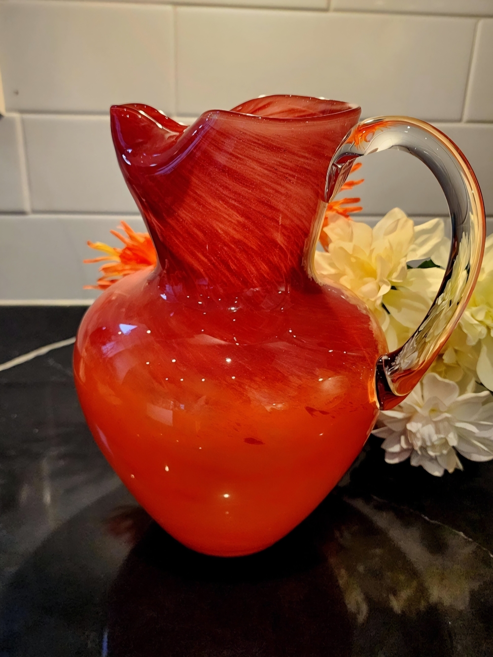Hudson's Bay Home Hand-Blown Art Glass Pitcher Red Orange Swirl Vase Vintage